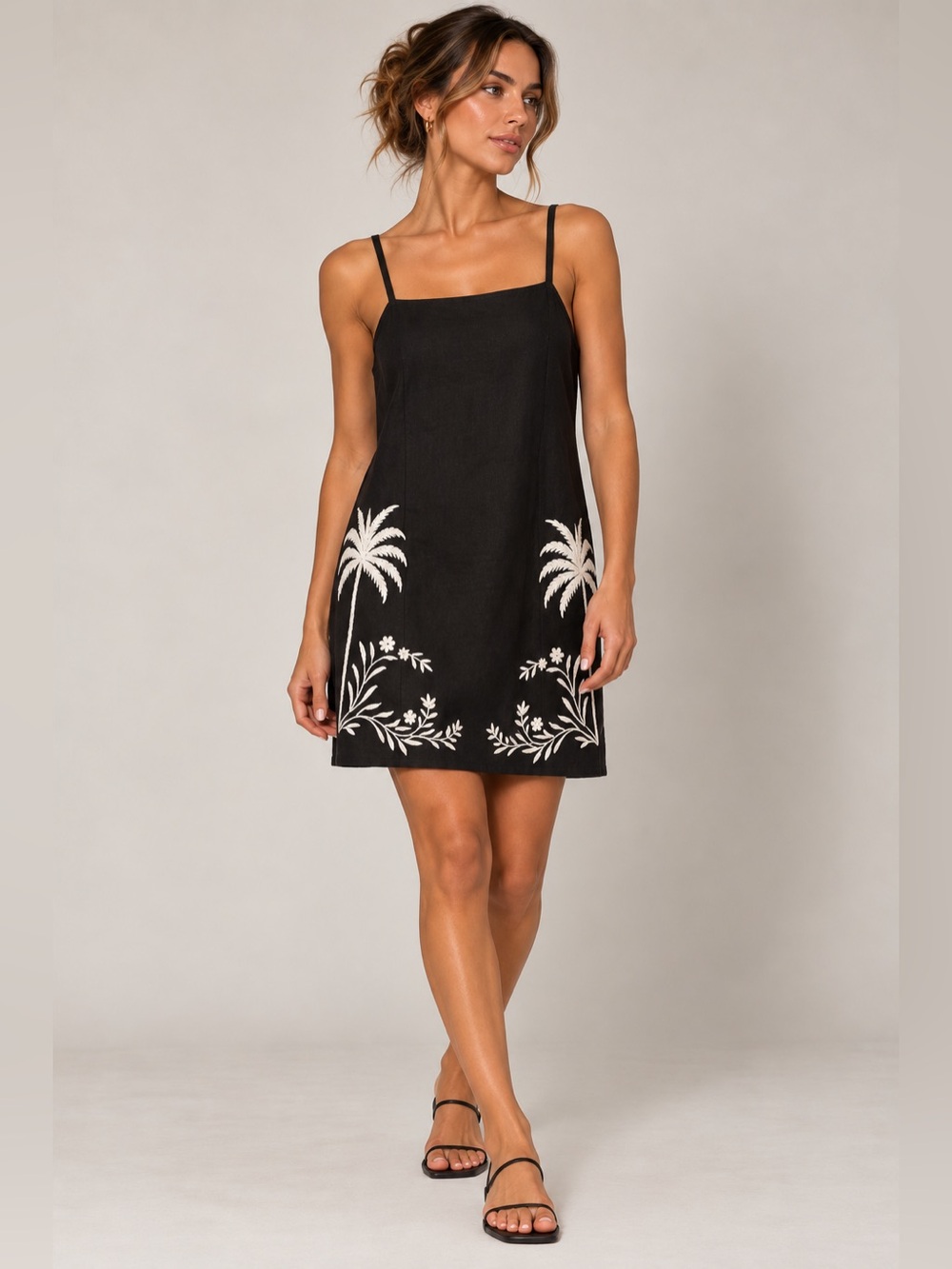 Calypso St. Barth Black Embroidered Palm Tree Linen Blend Mini Dress Size Medium